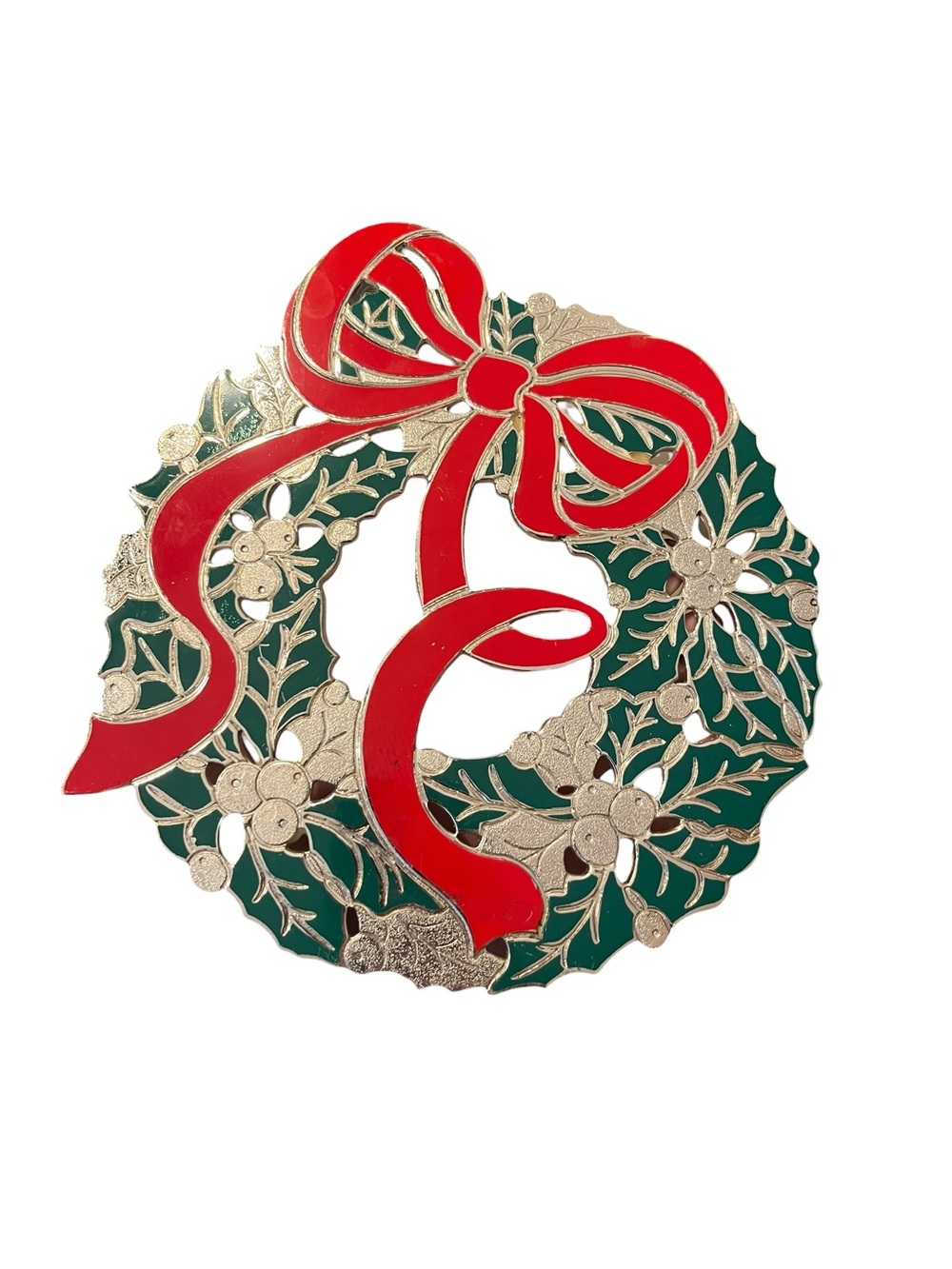 Wm A Rogers Silver Plate Green & Red Enameled Holiday Wreath Trivet Japan